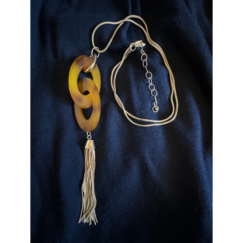 WHBM Gold Acrylic Tiger Eye Chain Long Statement Boho Tassle Necklace